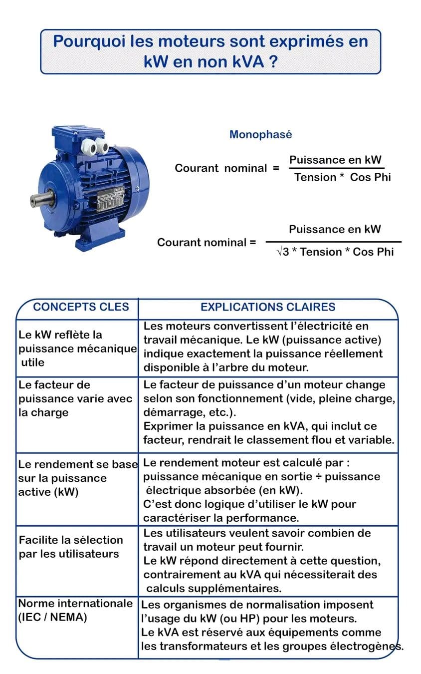 Pourquoi les moteurs sont exprimés en kW et non en kVA ?